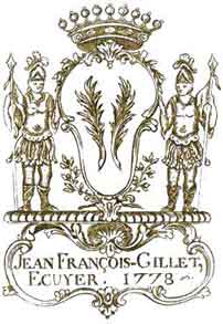Ex libris Jean-Francois Gillet, cuyer, 1778, d'une famille d'chevin lyonnais - Collection G. de Ribeaucourt